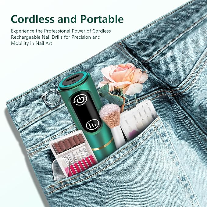 Cordless Nail Drill Electric Rechargeable File Kit, Professional Efile Acrylic Gel Nail Polish Remover Pedicure Manicure Machine Portable Set with 11 Bits 56 Sanding Bands (Blackish Green)