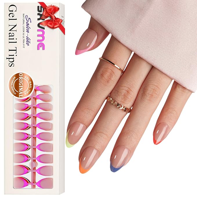 Gel French Tip Nails Short Almond French Tip Press on Nails SXVME White French Nail Tips 150Pcs Pre-applied Tip Primer Natural Skin Tones Fake Nails Extensions Gel Nail Kit for Women Girls DIY