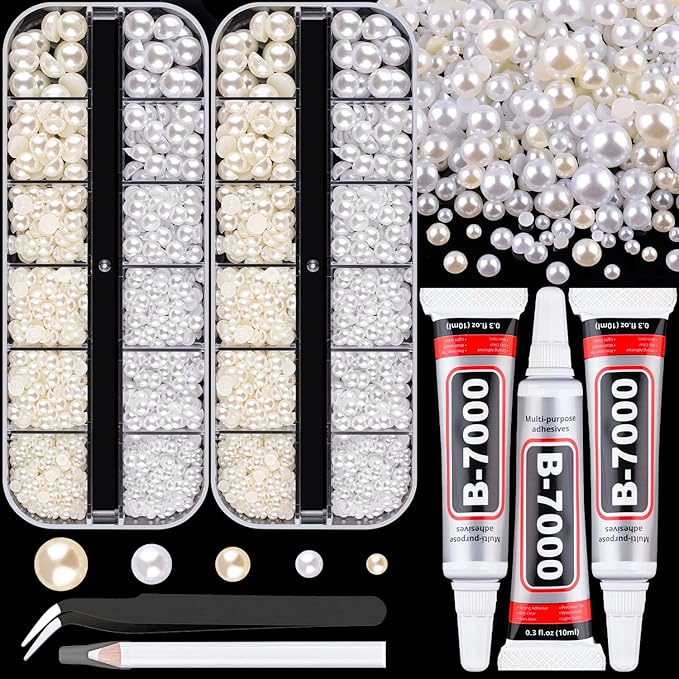 Flatback Pearls for Crafting with 3Pcs 10ml B7000 Jewelry Glue, 2 Boxes of Half Round Beige and White Pearls, Bedazzling Beads for DIY Crafts Clothing Tumblers Shoes Embellishment Nail Art