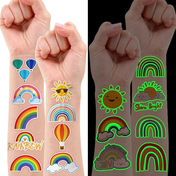 96PCS Glow Rainbow Pre-Cut Temporary Tattoos Stickers,Colorful Theme Birthday Party Decorations, Supplies,Neon Luminous Halloween Party Favors Gifts for Kids Girls Boys (Glow in the dark)