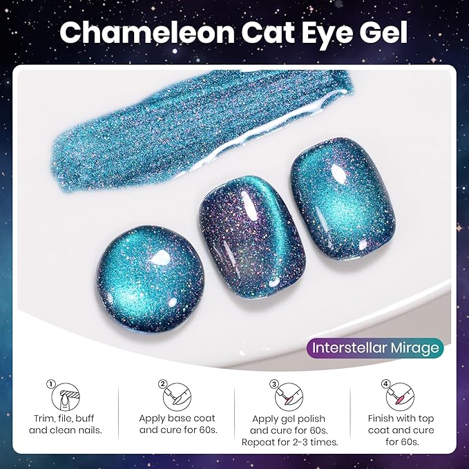 Beetles Cat Eye Gel Nail Polish - 15ML 9D Cat Eye Chameleon Blue Glitter Gel Polish Interstellar Mirage Blue Purple Magnetic Shimmer Effect Soak Off UV Salon DIY Manicure Gifts for Women