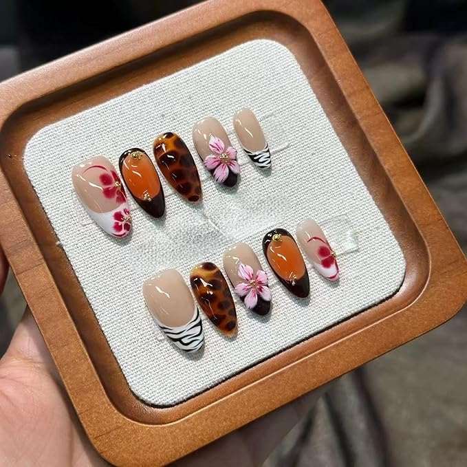 Handmade Press on Nails Medium Almond Fake Nails with Leopard Print and Flower Designs Acrylic Nails Full Cover Flower Press on Nails for Women Decorations (Size M)