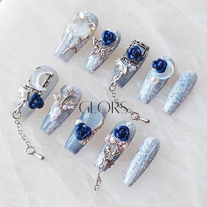 Handmade Press On Nails, 3D Blue Rose Design with Moon Charms, Long Coffin Style, 10 Pieces (Large,LB)