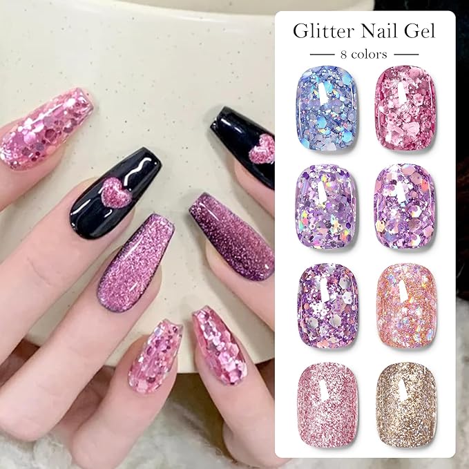 MEET ACROSS 9Pcs Glitter Gel Polish Sequins Gel Nail Polish Kit with 1Pc Nail Brush Shimmer Pink Blue Purple Brown Glitter Nail Polish Kit Holiday Gift Design for Party 8 Colors