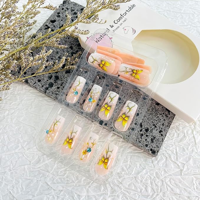 White French Tip Press on Nails Medium Coffin Fake Nails with Designs Flower Glue on Nails Yellow Butterfly Acrylic Nails Blue Rhinestone False Nails Glossy Stick on Nails for Women