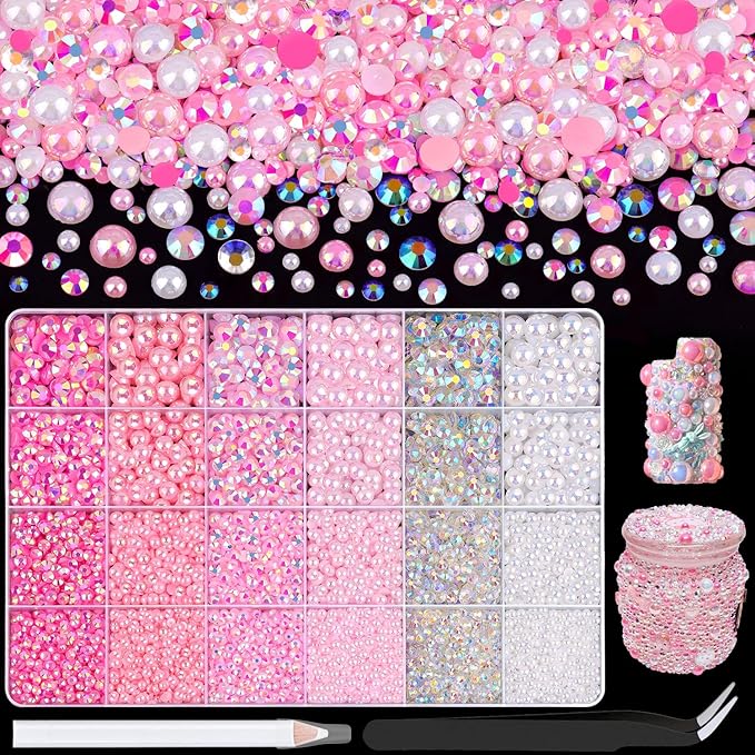 14000Pcs Flatback Pearls and Rhinestones for Crafting, Pink White Mixed Size 3-8mm Resin Rhinestones and Half Pearls for Bedazzling, Nail Art with Tweezers and Pickup Pencil