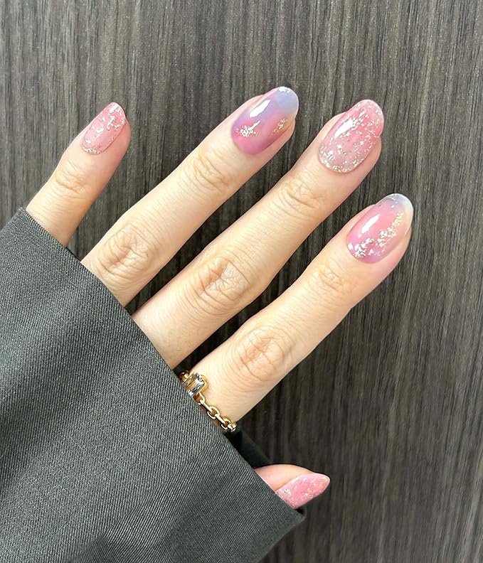 Nail Polish Strips (No UV Lamp Needed) - 22 Pcs Salon Quality Gel Nail Stickers - Long Lasting Wraps (Iridescent Jellfish Pink&Blue)