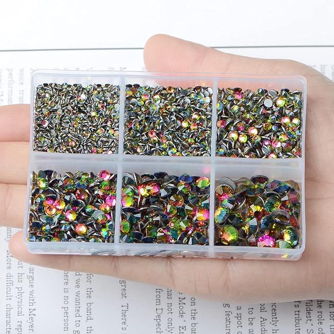 AD Beads 4300 Pieces Flat Back Nail Art Rhinestones Round Beads 6 Sizes (2-6.5mm) with Storage Organizer Box,Rhinestones Picking Pen for Nail Art Phone Decorations Crafts DIY (Vitrail Medium)