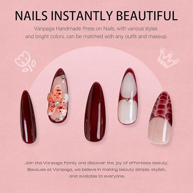 Handmade Stiletto Press on Nails Long Burgundy Glossy Gel Nails with 3D Flower Rhinestone Design, Reusable Stick on Fake Nails for Women (Size M)
