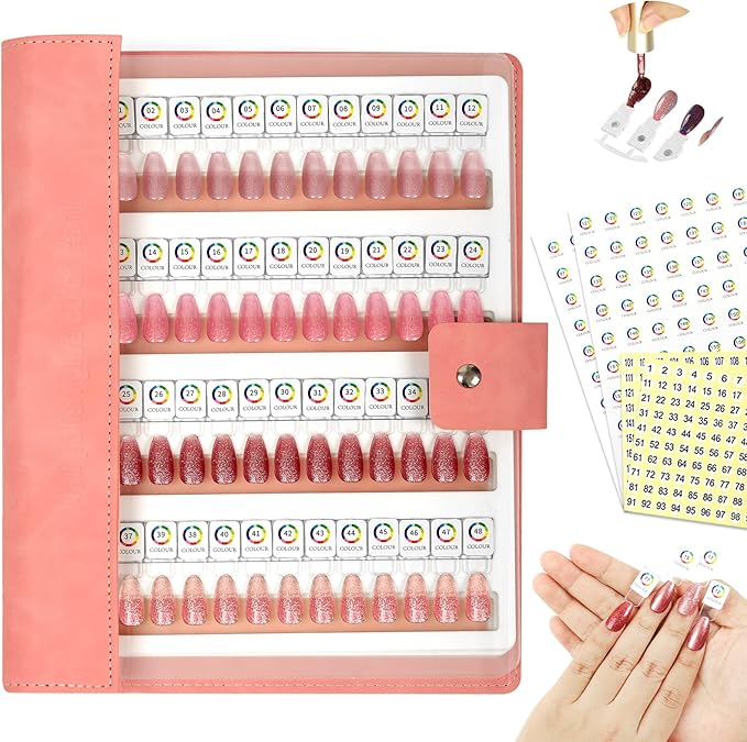 144 Magnetic Nail Swatch Book,Leather Nail Color Display Book with 144 Magnetic Tips & Number Labels,Professional Nail Salon Color Display Book for Easy Preview & Storage ( 3 Page )