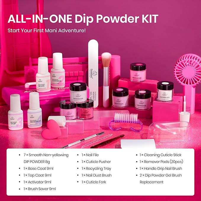 Beetles Pink Dip Powder Nail Kit, 7 Colors Hotpink Clear Pink Lightpink Deeppink Red Dip Powder Starter Kit with Liquid Set Recycling Tray with Base & Top Coat Activator for French Nail Art Manicure