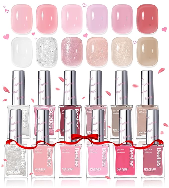 Beetles Nail Polish Set - 12 Colors Jelly Pink Quick Dry Nail Polish Glitter Air Dry Serenely Chic Fingernail Polish DIY Valentines Nails Art Set Home
