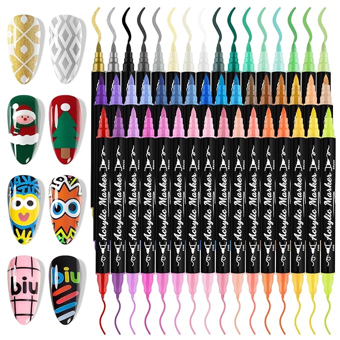 EBANKU 48 Colors Nail Art Pens Set, 3D Christmas Nail Art Makers Pens Quick-Drying Nail Art Polish Acrylic Paint Nail Point Graffiti Dotting Liner Pen No Squeeze Needed