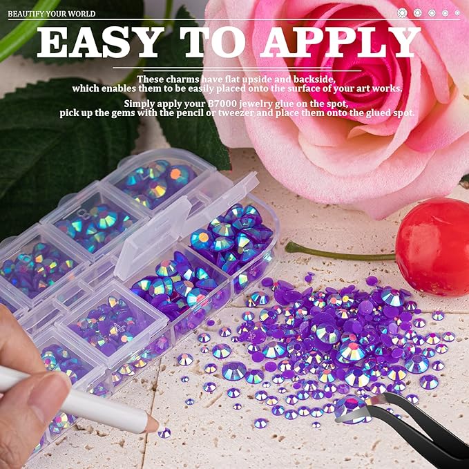 Resin Rhinestones for Crafting, 2/3/4/5/6mm Flatback Jelly Rhinestones, 1 Box Dark Purple AB Non Hotfix Crystal Gems for Bedazzling Crafts Mugs Tumblers Clothes Makeup Nail