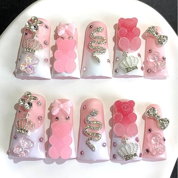 10Pcs Long Press on Nails Handmade Duck Fake Nails French Tip False Nails with Glue 3D Charms Design Acrylic Nails Luxury Rose Pink Stick on Nail for Women (Size M)