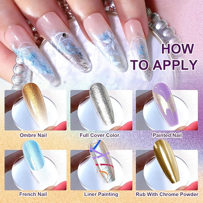 Gradient Painting Gel, 16 Gliter Colors Ombre Gel Nail Polish for Pigment Pat Silver&Gold Pink Blue Aurora color Bright Nails, French Manicure DIY Nail Art No-wipe Palette for Women