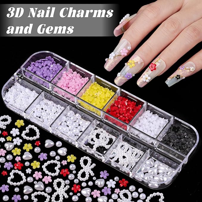 Nail Charms and Gems, Nail Art Kit with 30 Sheets Flower Nail Stickers, 6 Boxes 3D Nail Charms Colorful Clear Flatback Rhinestones Pearls, Diamonds,Picker Tools,Beads Pearls for Nails Art