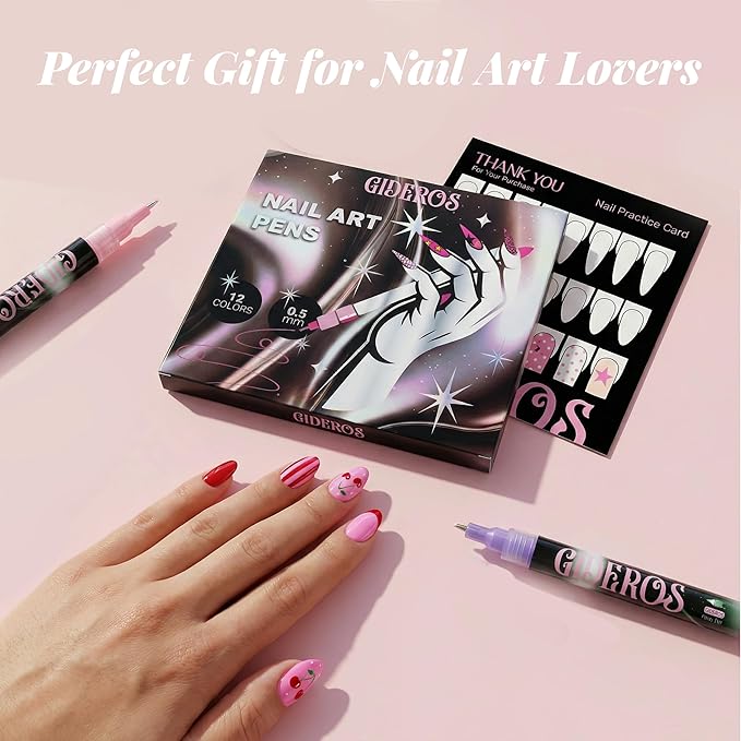Nail Art Markers, 0.5mm Polish Pens & Easy Control 12 Colors 3D Nail Art Kit for DIY, Nail Art Brushes, Professionals & Beginners