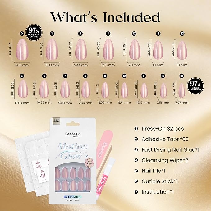 Beetles Motion Glow Cat Eye Press On, Short Almond Press On Nails Kit with Fast-Dry Nail Glue & Adhesive Tabs, 32pcs 16 Sizes, Girls Stick On Nails for Women Rose Glow