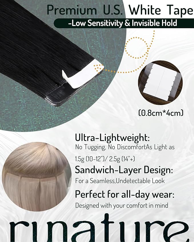 RUNATURE 26 Inch Tape in Hair Extensions Black, Long Straight Hair, Tape Ins Human Hair Extensions for Women Lightweight, Easy to Install, 20pcs 50g #1 Jet Black