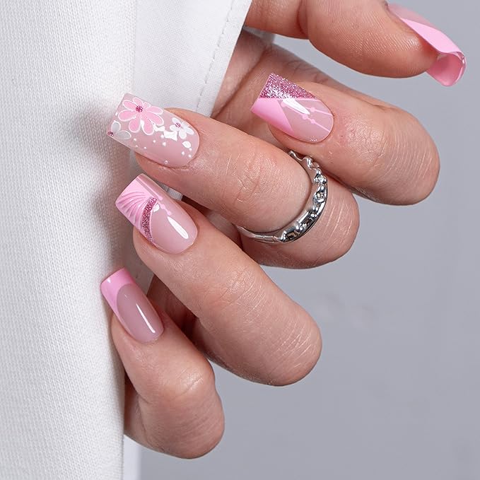 CurvLife Soft Gel Press On Nails Square, Long-Lasting 30Pcs Reusable Stick On Fake Nails Kit with Glue Tabs, Glossy Salon-Style Manicure for Women Teens Beginners, At-Home (Pink Symphony)