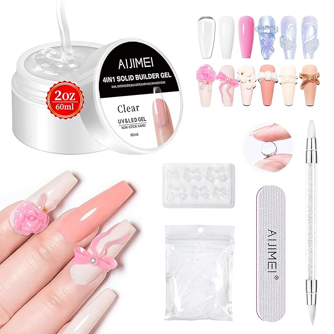AIJIMEI Solid Builder Gel for Nails 2OZ 60ml Clear Hard Gel, Non-Sticky, 3D Sculpting, Nail Extension Flase Nail Thickening Solution (Clear)