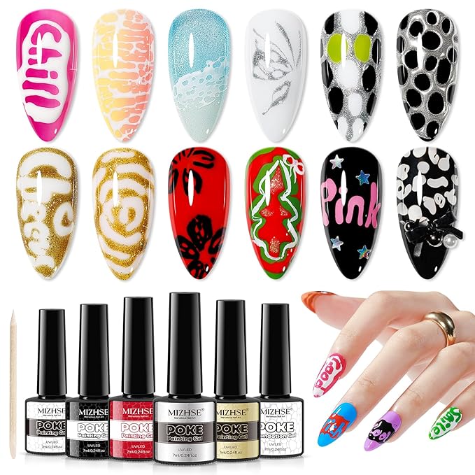MIZHSE Poke Gel Nail Polish Set, with Professional Poke Foundation Gel, Multifunctional Drawing Painting Nails Art Design Classic Colors Lace Letter Wave Flower Manicure DIY Home Gift for Women