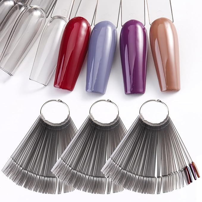 150 Pcs Nail Swatch Sticks with Ring, Transparent Black Ballerina Nail Art Tips, Long Coffin False Nail Sample Sticks, Polish Gel Display Practice Tools Nail Supplies for Home or Salon Use