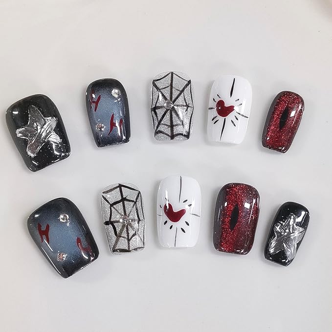 Halloween Press on Nails Short Square Handmade Acrylic Nails 3D Thick Cats Eyes Fake Nails with Rhinestones Spider Web Stars Designs Sparkly Black&Red Sturdy Art False Press on Nail 10Pcs(M)