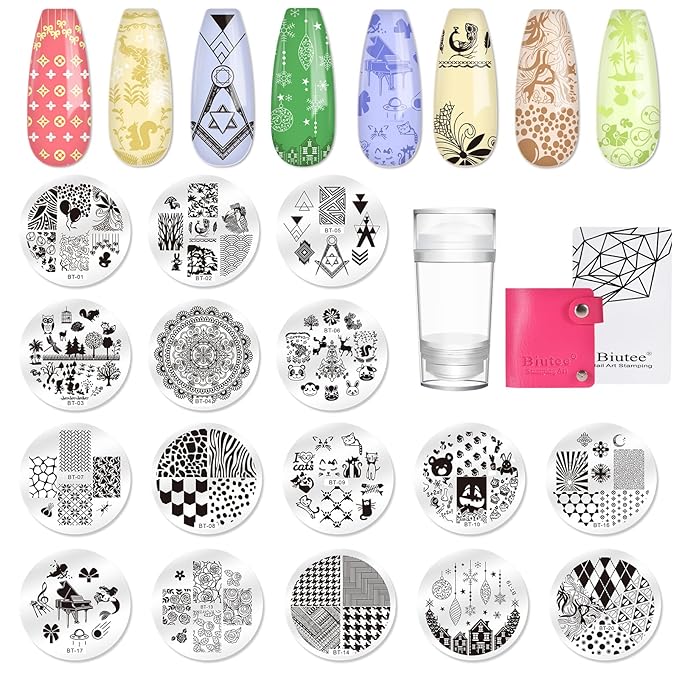 Biutee 15PCS Nail Stamping Plates Nail Stamper Kit with Nail Art Stamper and Scraper, Nail Stamp Plate Flower Animal Geometry Stripe Design Nail Stamping Kit with Storage Bag