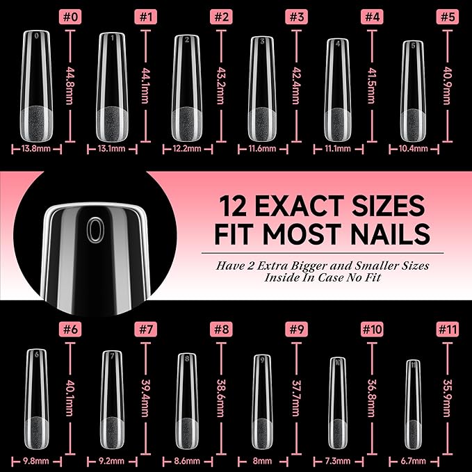 UNA GELLA Nail Tips Square XXL Long: Full Cover Pre-file Square Straignt Gel Nail Tips No C Curve for DIY Press On Nails 216PCS, 12 Sizes Gel Nail Extensions Art Salon