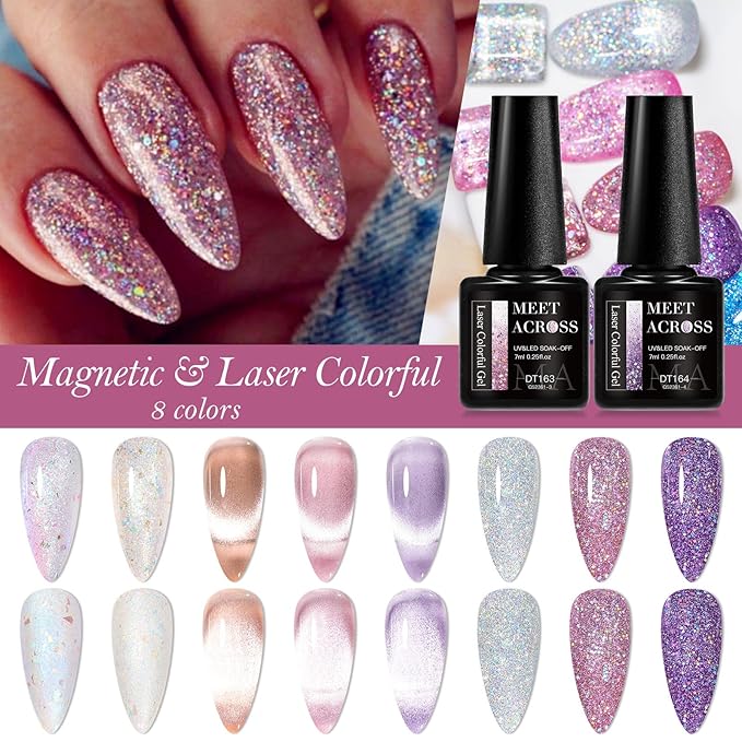 MEET ACROSS 8pcs Gel Nail Polish Set, UV LED Lamp, Nail Art Kit (7ml Cat Eye Glitter Gel Polish)