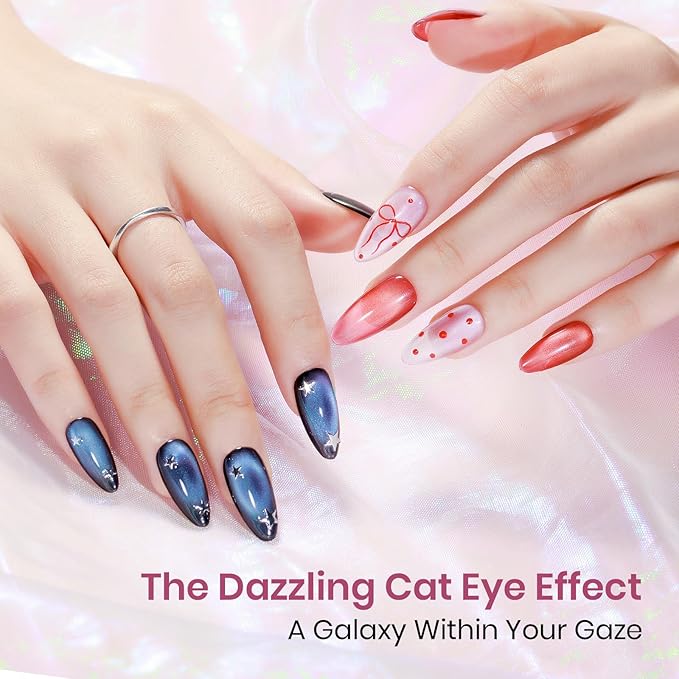 Cat Eye Gel Nail Polish Set, 12 Colors Magnetic Nail Polish Gel Cateye Gels with Magnet, High Glossy, UV Lamp Cure, Vegan, Non Toxic, Long Lasting, 0.24fl oz