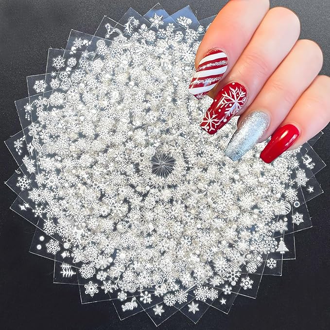 30 Sheet Christmas Nail Art Stickers with 3D Self-Adhesive Snowflake Design for Winter Nail Decals and Elk Themed Art. White Design for Women