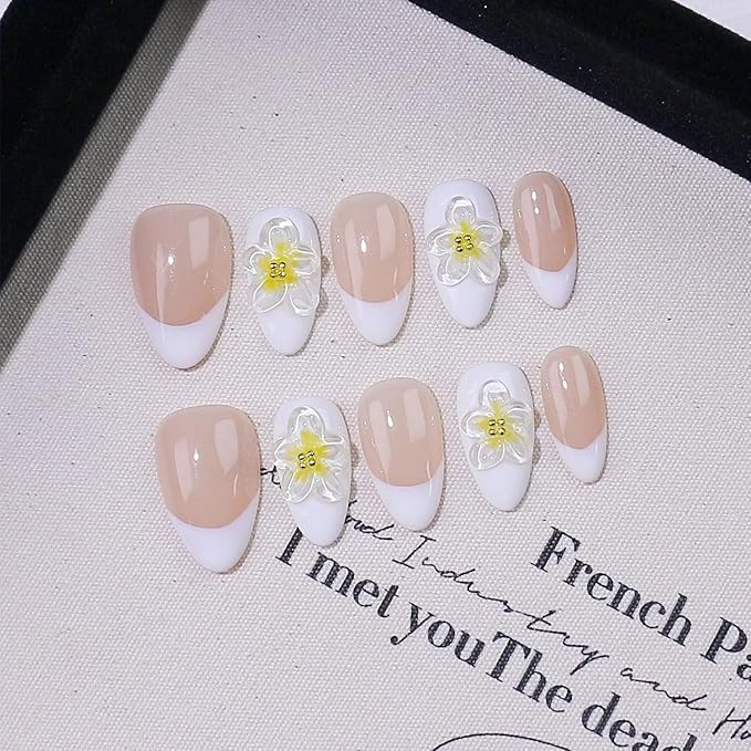10 Pcs Luxury Handmade Nails with Glue, Almond Press on Nails Short French False Nails with 5D Flower Art Designs Handmade Nail Muti-Layer Gel Thick False Nails for Women(Size S)