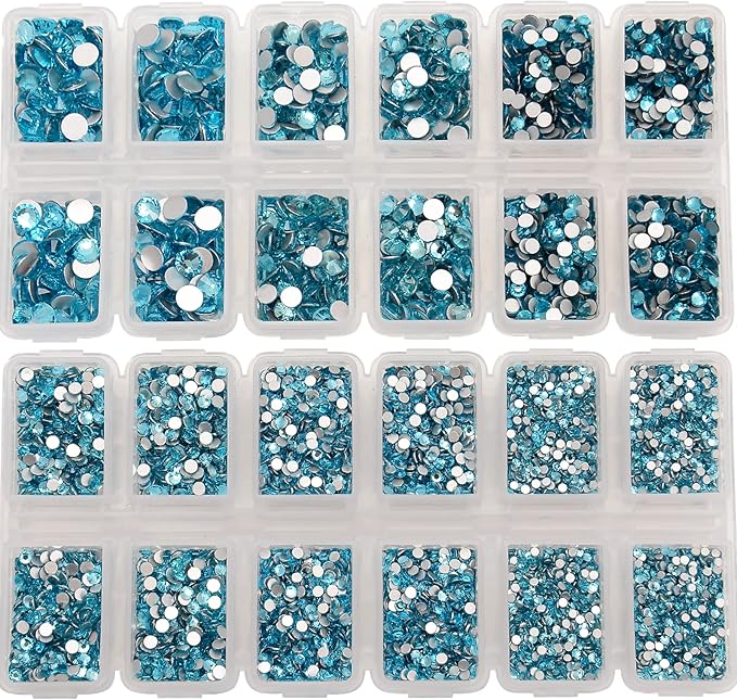10000 Pieces Rhinestones 6 Sizes Round Crystal Glass Flat Back Rhinestones with 1Tweezers and 1Picking Pen for Nail Art Crafts Clothes Bags DIY (Aquamarine)