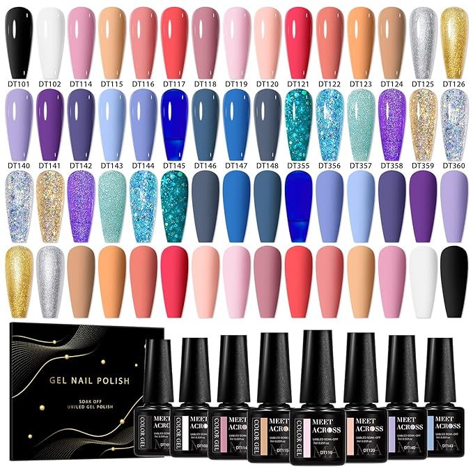 MEET ACROSS 30pcs Gel Nail Polish Set, 30 Colors Gel Polish All Seasons Nude Pink Blue Glitter Gold Silver Black White Nails Art Kit DIY Salon at Home