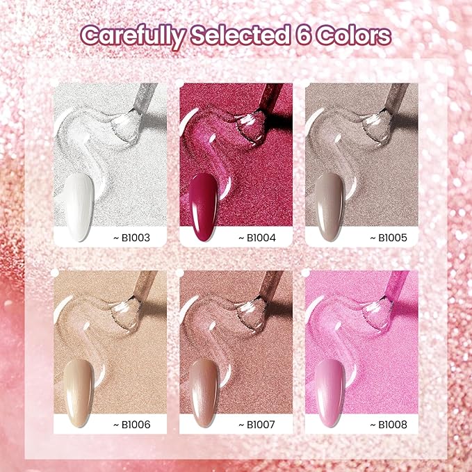 JODSONE 10ml Glitter Gel Nail Polish Set 6Colors Red Glitter Pink White Gel Polish All Seasons Neutral Soak off LED Lamp Manicure Set for Nail Art