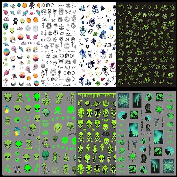 Alien Nail Art Stickers: 3D Astronaut Space Alien UFO Rocket Earth Moon Star Nail Transfer Decals - Luminous Self-Adhesive Sticker Designs for Women & Girls Manicure Tips Decorations
