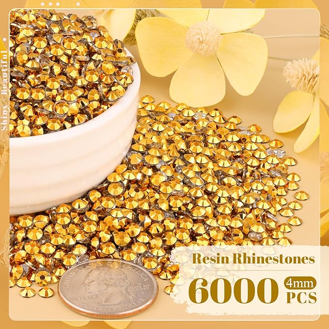 6000PCS 4mm Resin Rhinestones Bulk for Crafting (Copper Gold), Flatback Bedazzling Crystals for Crafts DIY Nail Decoration, Gems Charms for Tumbler Shoes Clothing Fabric with Pickup Pen and Tweezers