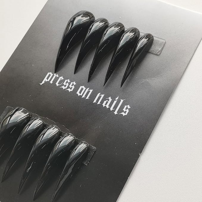 Luxury Press on Nails Medium Curved Stiletto Handmade Eagle Claw Unique Reusable ABS Material Fake Nails Dragon Cat Claw False Nails with Designs Black Glossy Glue on Nail Thick Acrylic Nail(S)
