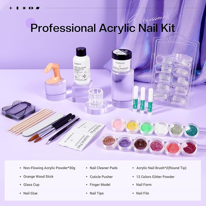 Acrylic Nail Kit for Beginners: 30g Clear Acrylic Powder Set with Glitter Powder Brush Nail Forms Manicure Tools Nails Kit with Everything Home DIY Nail Art Salon