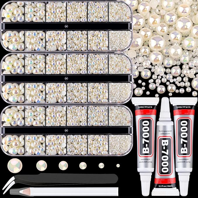 Flatback Pearls for Crafting with 3Pcs 10ml B7000 Jewelry Glue, 3 Boxes of Half Round Beige AB Pearls, Bedazzling Beads for DIY Crafts Clothing Tumblers Shoes Embellishment Nail Art