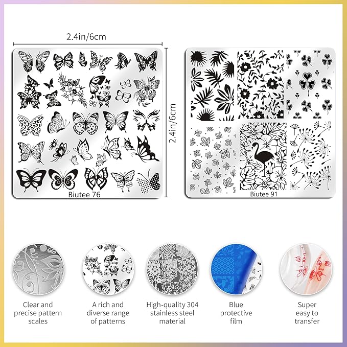 Biutee Nail Stamping Plate 15PCS Nail Stamper Kit Nail Art Stamping Plates Set with Nail Stamper, Scraper & Storage Bag, Nail Stamping Kit Star Bowknot Love Butterfly Leaf Design Template