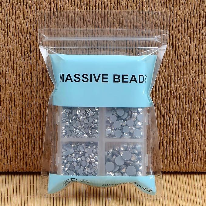 4000Pcs Mixed Size Hot Fix Round Crystals Gems Glass Stones Hotfix Flat Back Rhinestones (Labrador Silver)
