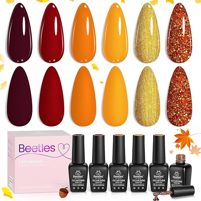 Beetles Gel Nail Polish Set 6 Colors Gel Polish Red Orange Brown Gold Glitter Kit DIY Home Nail Art Manicure Kits UV LED Needed Gifts for Women Golden Blessing