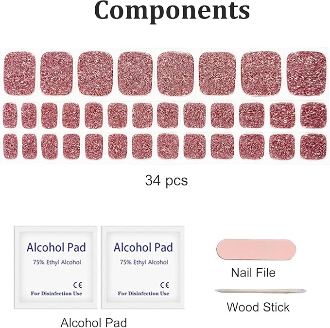 34 Pcs Semi Cured Gel Toe Nail Strips Coral Orange Glitter Gel Nail Stickers Full Cover Glitter Nails Wraps Self Adhesive Toe Nails Polish Strips Stickers for Women UV/LED Light Required