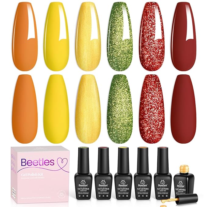 beetles Gel Polish Set - Autumn Realm Collection, Green Glitter Burgundy Gel Polish Golden Shimmer Nails Kit DIY Nail Art Soak Off UV Led Gifts for Women