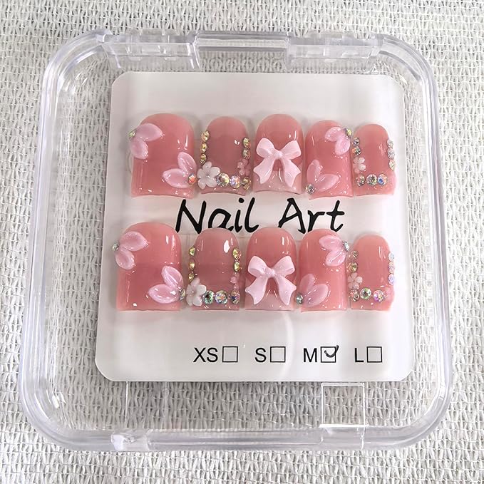Square Short Press on Nails Handmade Fake Nails Pink French Tip with 3D Bow Designs luxury Rhinestones Glossy Cute Acrylic Nails for Women 10pcs (Size M）