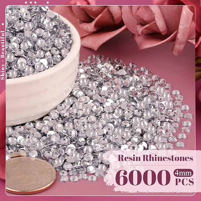 6000PCS 4mm Resin Rhinestones Bulk for Crafting (Clear), Flatback Bedazzling Crystals for Crafts DIY Nail Decoration, Gems Charms for Tumbler Shoes Clothing Fabric with Pickup Pen and Tweezers
